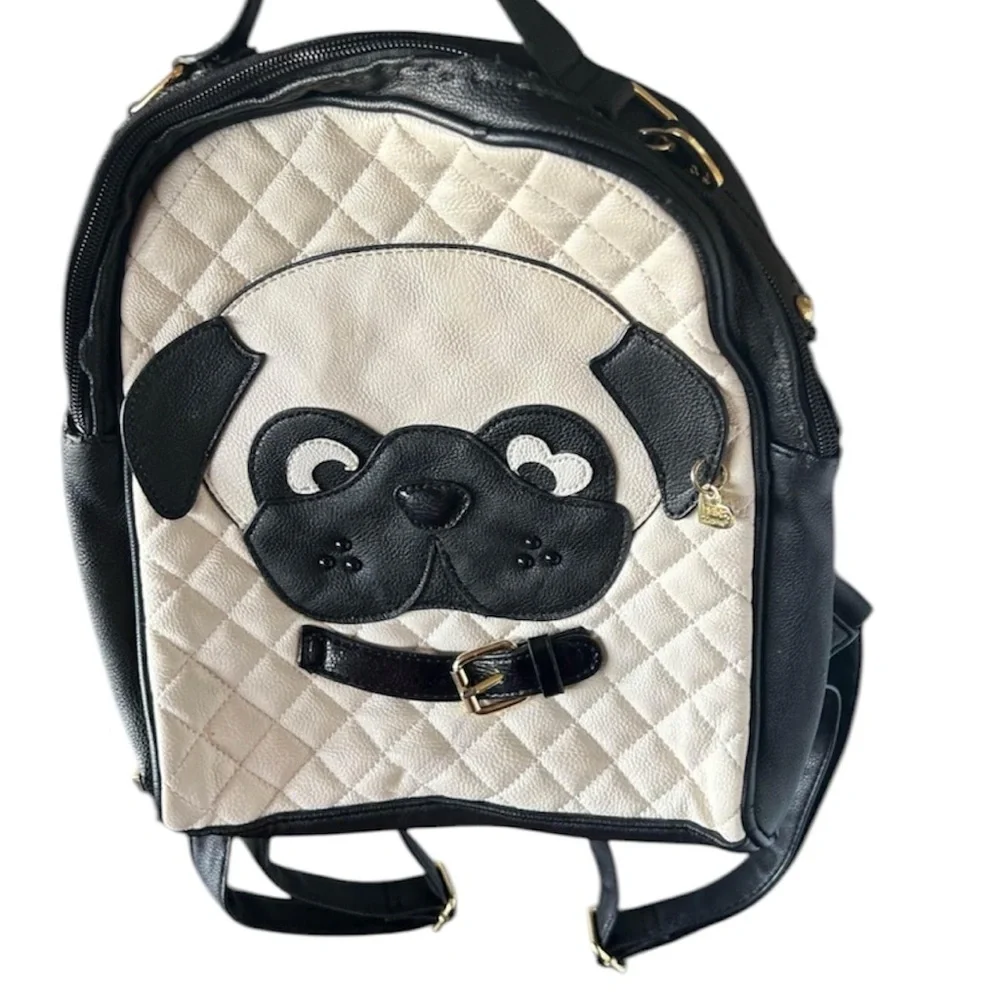 Betsey Johnson Puppy Dog Black & Tan Pug Design Quilted Dog Backpack Bag Purse - Picture 1 of 5